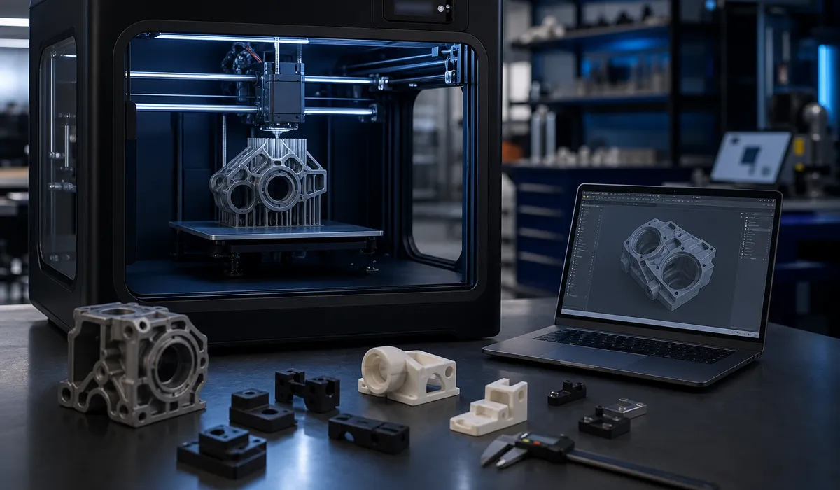3D printer producing a prototype part in a modern workshop