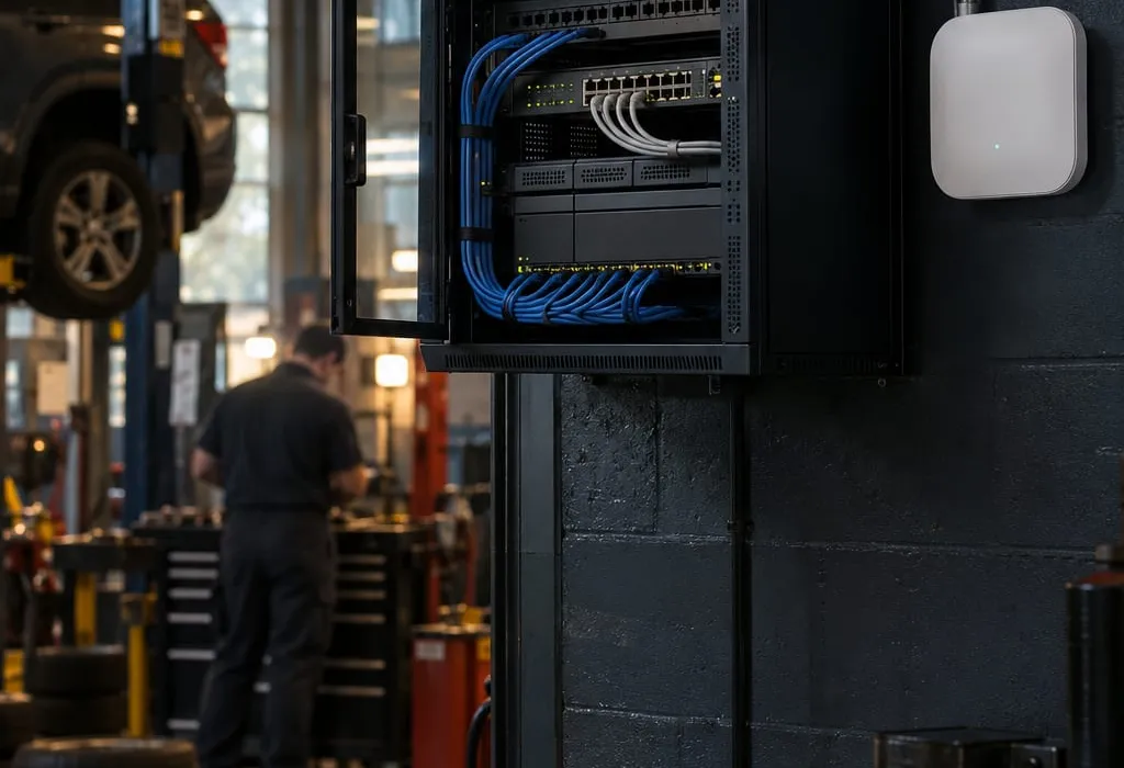 Network cabinet beside an auto repair shop service bay