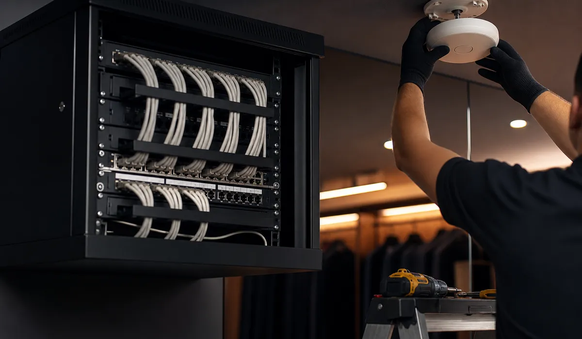 Technician installing ceiling network equipment beside a cabled rack