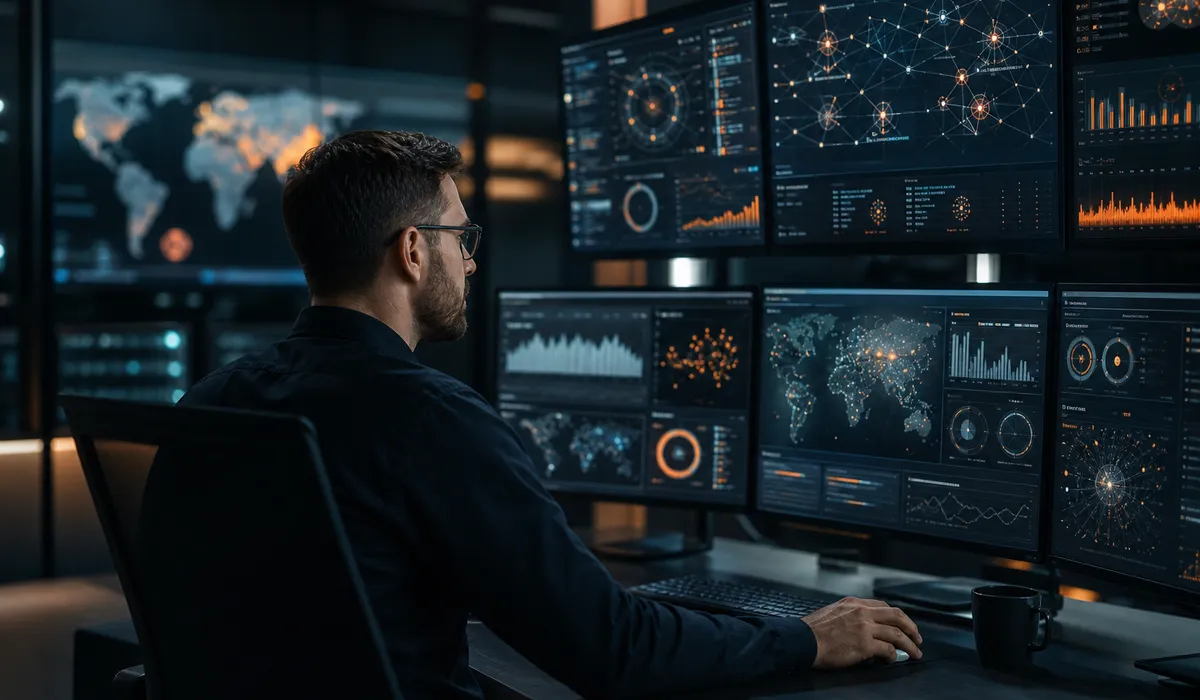 Analyst reviewing security dashboards across several screens