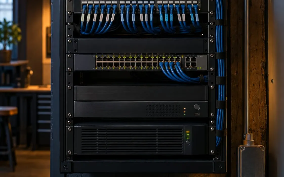 Wall-mounted network rack with switch, recorder and backup power