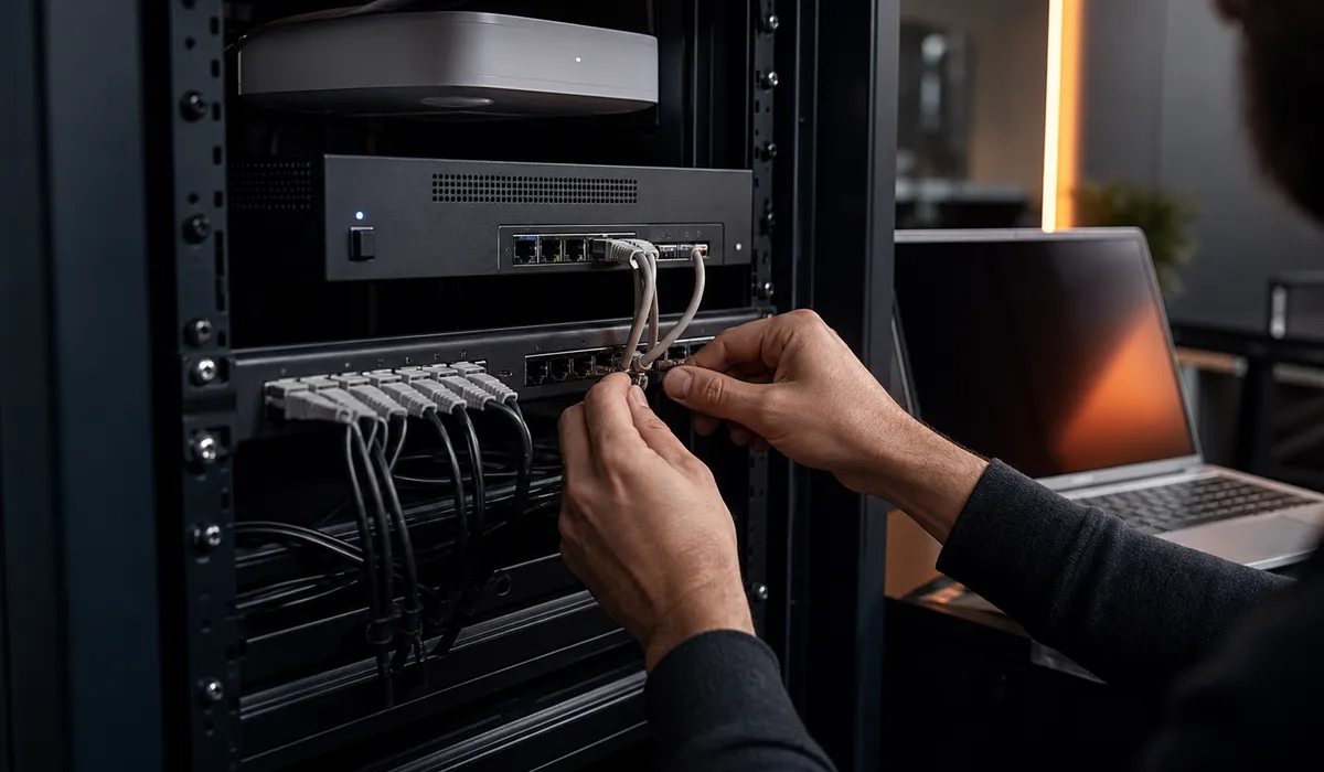Illustration of a technician connecting network cables in an equipment rack