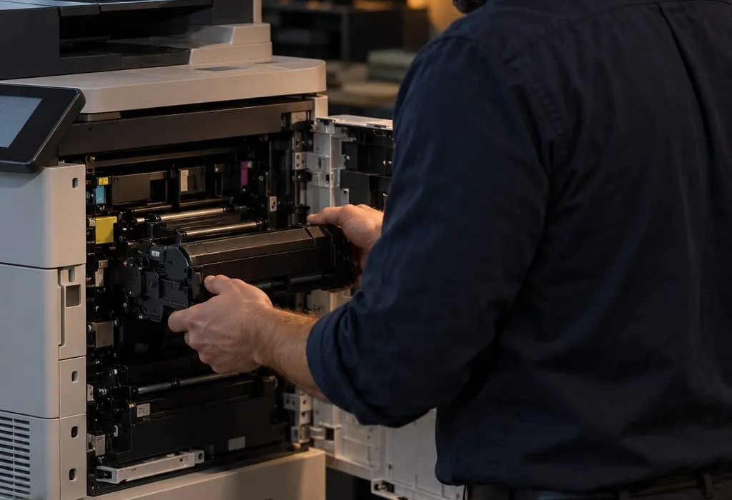 Technician servicing an office multifunction printer