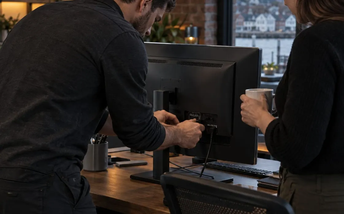 Field technician reconnecting a monitor at a client's desk