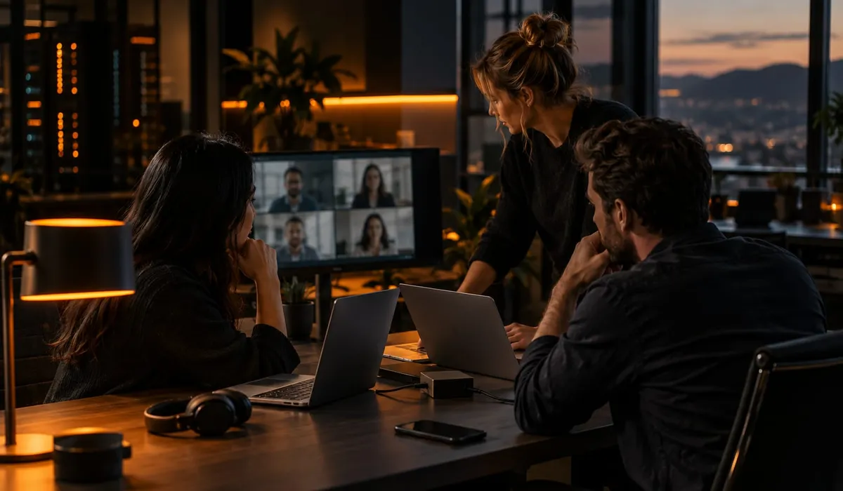 Hybrid team meeting with remote colleagues on a display