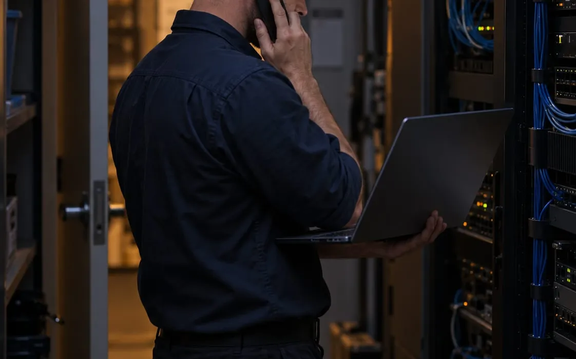 Technician coordinating with a vendor from a server closet