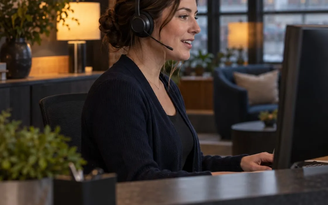 Receptionist answering a call on a headset