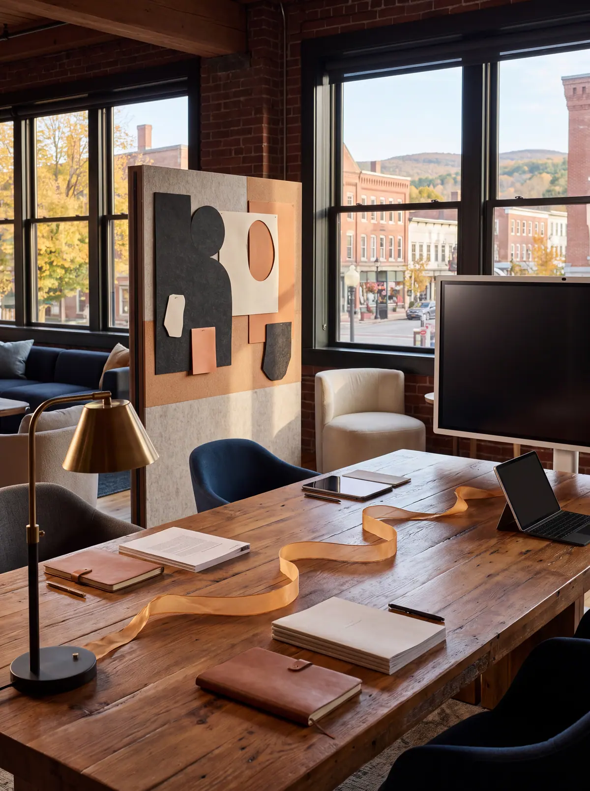 Illustration of a bright conference table in a brick-walled office with notebooks, a lamp and a large display, and a glowing orange line running across the table.