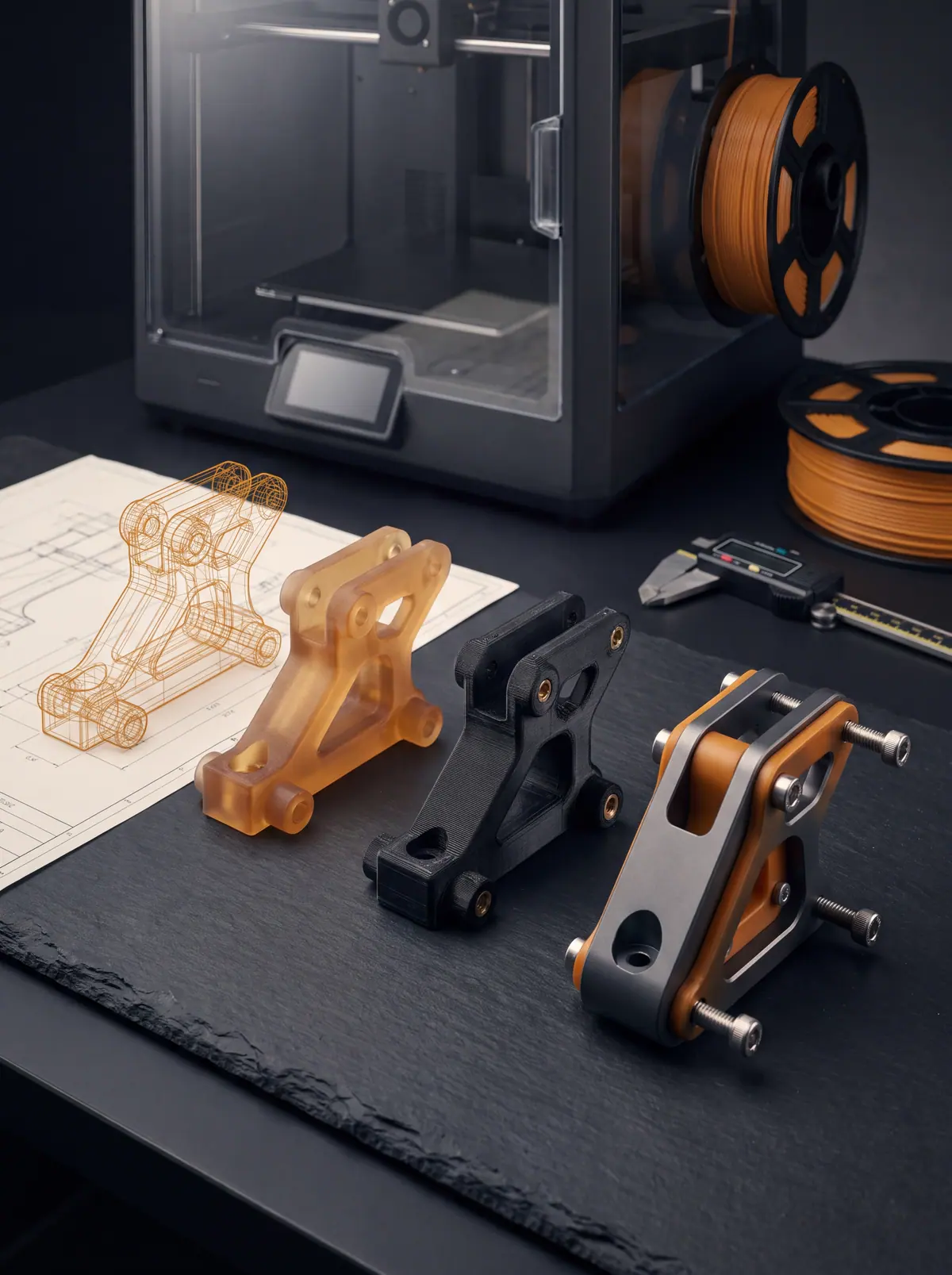 Illustration of a desktop 3D printer with orange filament beside printed brackets, a caliper and design drawings on a dark workbench.