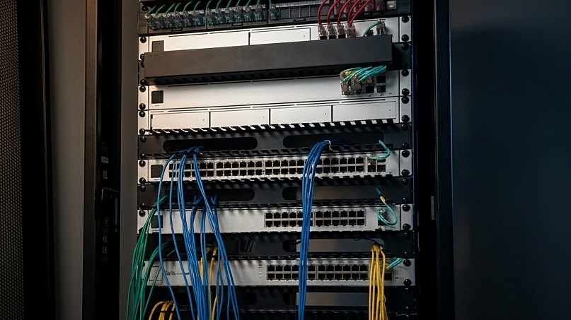 Floor-standing network rack with labelled patch panels and switches