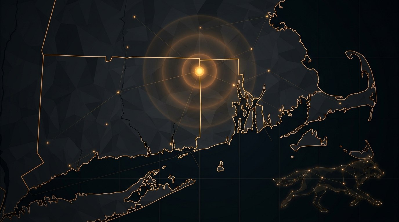 Illustrated map of Connecticut, Rhode Island, and Massachusetts with a beacon on Putnam, Connecticut